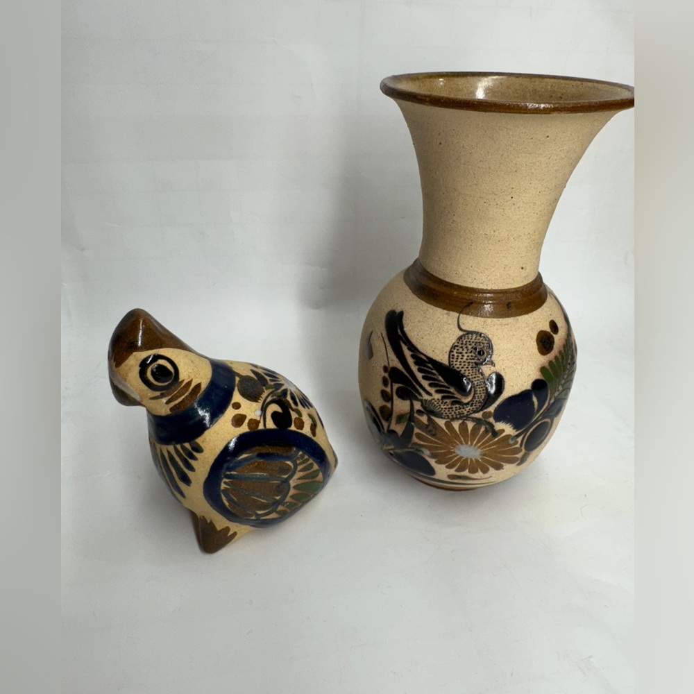 Mexican Tonala Vase & Bird Hand Painted Bird, Folk Art Pottery Boho VTG